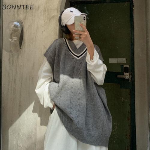 Women Sweater Vests Loose Leisure Streetwear Chic Stylish Daily V-Neck Knitted Patchwork Student Clothing Autumn Korean Style