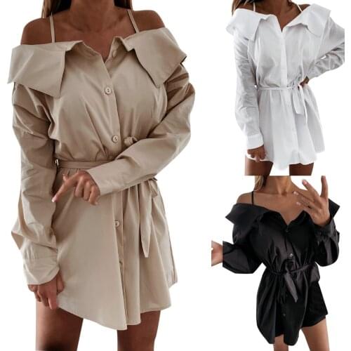 Women Fashion Dress Sexy Sling Off Shoulder Shirt Dress Solid Color Loose Long Sleeve Tunic Dress Causal Strapless Straps Платье