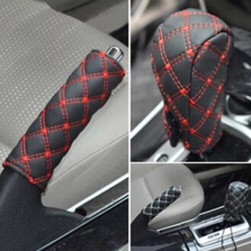 2Pcs/Set Faux Leather Hand Brake Shift Knob Cover Gear Case Car Interior Decor