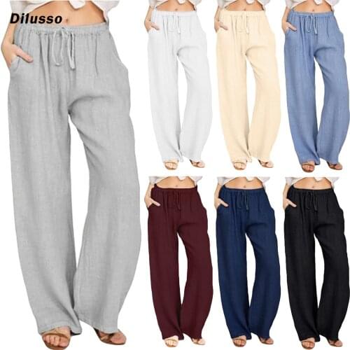 2021 New Fashion Woman Pants Casual Solid Color Cotton Linen Elastic Waist Drawstring Long Wide Leg Pants Femme Pantalon