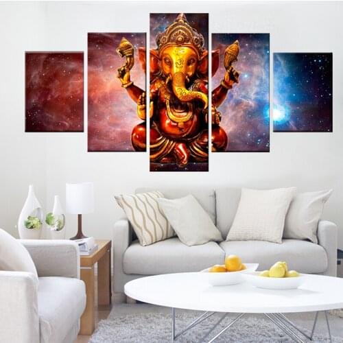 5 pieces Hindu God Ganesha with Cosmic planet canvas pictures HD printed wall Art for living room Bedroom decor posters