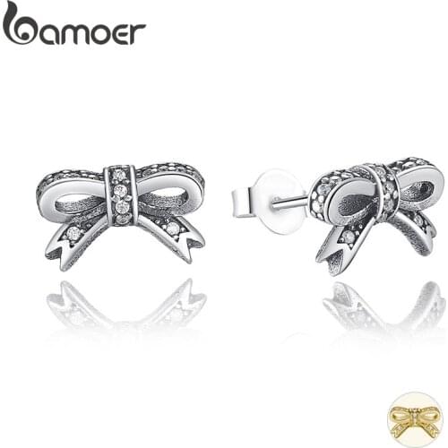 BAMOER Delicate 100% 925 Sterling Silver Sparkling Bow Stud Earrings With Clear CZ Women Party Luxury Jewelry PAS407