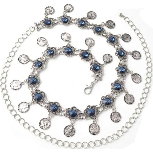 Gypsy Crystal Hollow Flower Belt Waist Chain Jewelry Chunky Coin Tassel Fashion Body Chain For Women Wedding Turkish Boho Beach