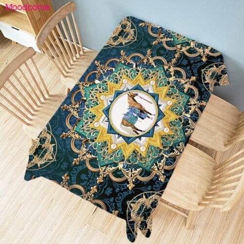 European Royal Court Emerald Green Luxury Animal Horse Elephant Tropical Leaf Decor Tablecloth Cotton Linen Table Cloth Cover