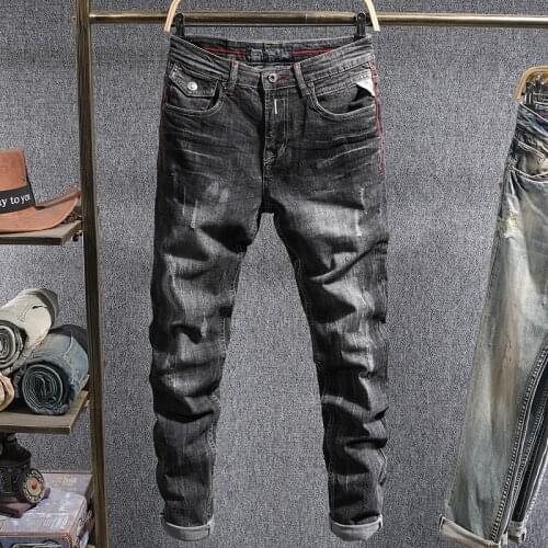 European Vintage Fashion Men Jeans Retro Black Gray Elastic Slim Fit Ripped Jeans Men Distressed Designer Casual Denim Pants