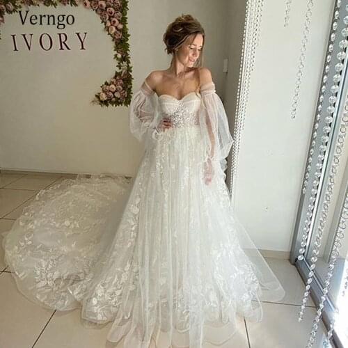 Verngo Exquisite Lace Floral Puff Sleeve Wedding Dress 2021 Sweetheart Long Train Bride Gowns Corset Back Bridal Dress Plus Size