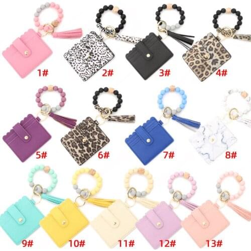 Leopard PU Leather Wallet Card Bangles Keychain Bag Key Chain Bangle Bracelet Key Rings