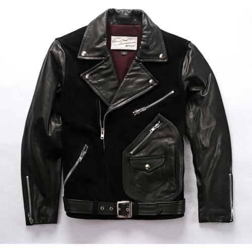 2020 Mens Thick Heavy Cow Black Genuine Leather Vintage Motorcycle Coat Large Size Autumn Winter Warm Jacket
