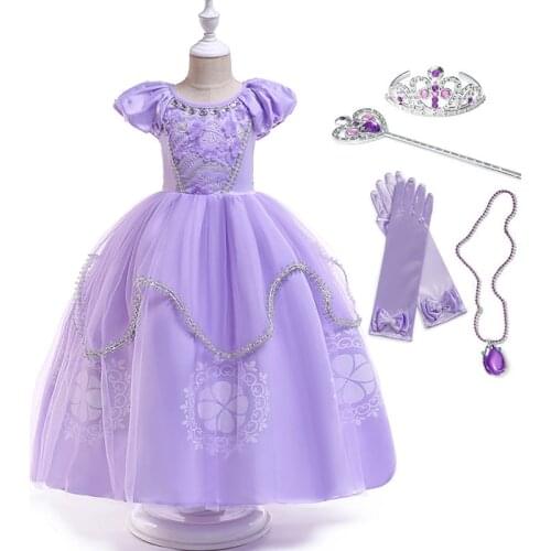 Fancy Sofia Princess Dress for Girl Halloween Costume Kids Beading Floral Ball Gown Kids Party Girl Sofia Dress up Prom Vestidos