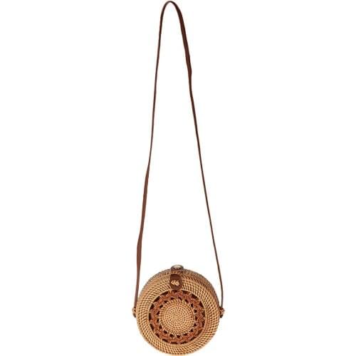 Natural Hand-woven Straw Rattan Round Shape Bag-Star&Hollow Style PU Straps