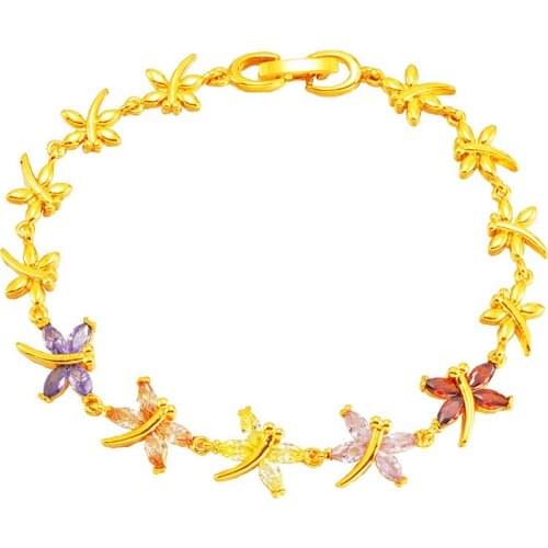 New Classic Fashion 24k Gold Dragonfly Insect Shape Bracelet For Women Colorful Zircon Electroplating Gold Bangle Jewelry