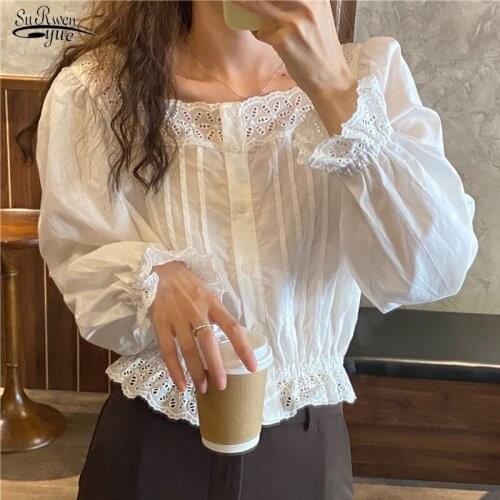 Autumn New Vintage Ropa De Mujer Korean Flare Long Sleeve Square Collar Loose Lace White Shirt Slim Overalls for Women 10960