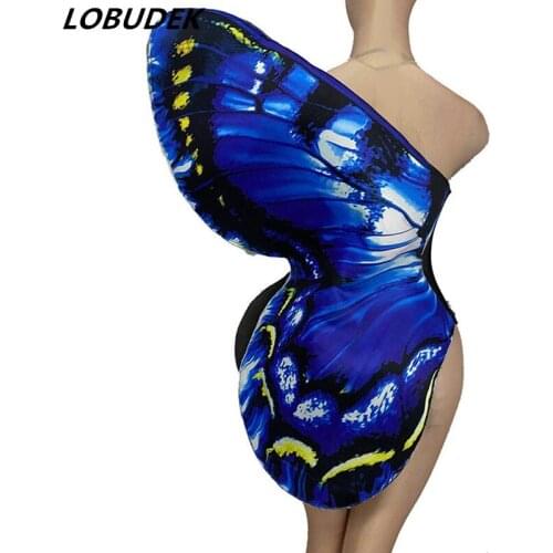 Singer Dancer Stage Wear Blue Butterfly Wings Bodysuit Cosplay Costume Halloween Rave Party Festival Role-playing Show Clothes