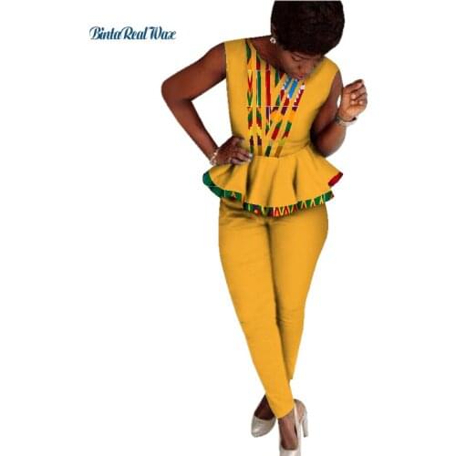 Casual African Women Print Top and Pants Sets Bazin Riche 100% Cotton Ruffles Shirts 2 Pieces Sets African Women Clothing WY086