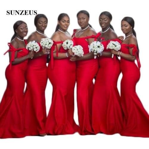 Res Satin Long Wedding Guest Dresses Sweetheart Off the Shoulder Bow Simple Bridesmaid Dresses 2020 Newly vestido longo SBD73