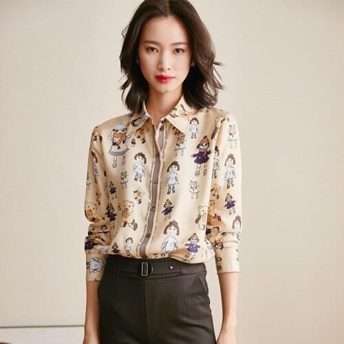 Cartoon floral silk office blouse womens shirts and blouses 2020 summer elegant sexy boho long sleeve plus size palace loose