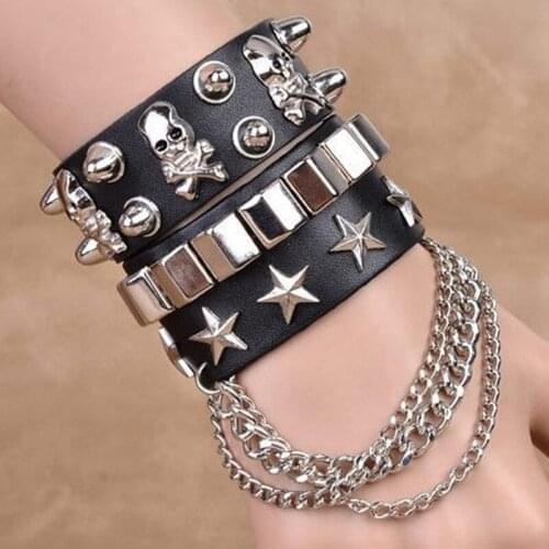 Punk Gothic Rock Skull Spikes Rivet Cone Stud Wide Leather Cuff Bracelet Charm Bangle Fashion Unisex Jewelry