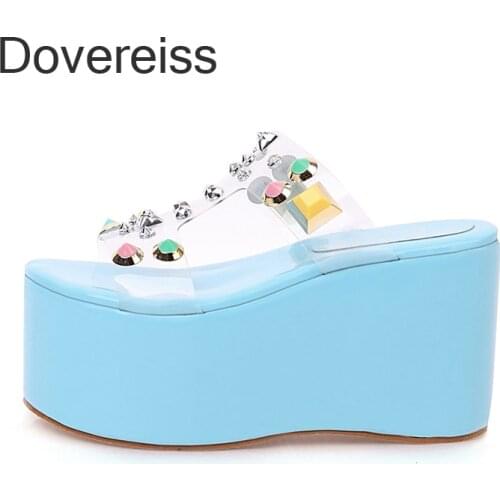 Dovereiss Fashion Womens Summer Waterproof Crystal Rhinesto Sexy Platform Pure Color Blue Yellow Slippers New Plus Size 33-48
