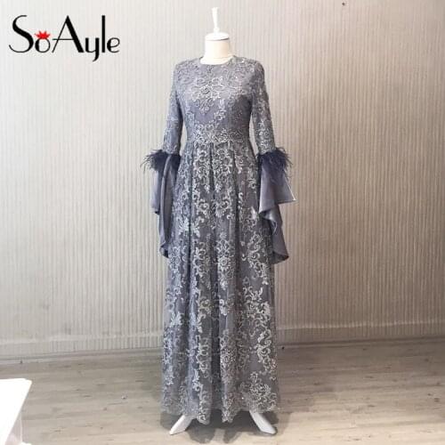 SoAyle 2018 Mother of Bride Dresses A-Line Long Horn Sleeves Muslim Dubai Lace Beaded Featgers Wedding Guest Dresses