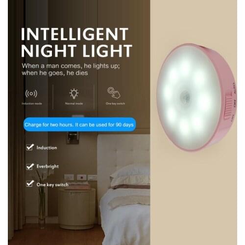 LED Night Light Wireless Human Body Sensor Night Light Rechargeable Battery Powered Baby Room Bedroom Corridor Round Night Light