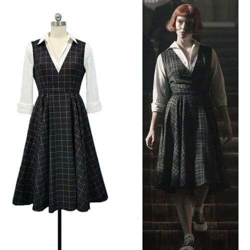 Takerlama The Queens Gambit Costume Beth Harmon Dress Winter Vintage Woolen Dress Plaid Sleeveless Uniform Party Outfits
