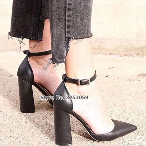 ALMUDENA Black Matte Pointed Toe Chunky Heel Pumps Covered Heels Ankle Buckle Strap Dress Shoes Concise Designer Office Shoes