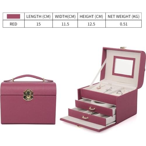 New Red Pu Leather Jewelry Display Box For Femal Ring Earring Pendent Bracelet Showcase Jewellery Organizers Built In Mirror
