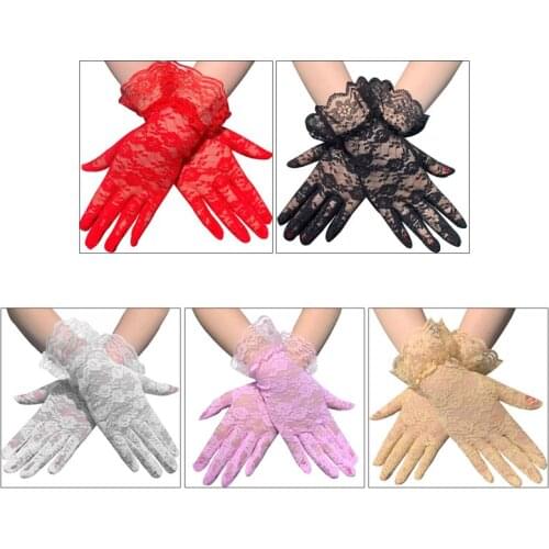 Women Vintage Sunscreen Short Gloves Sheer Floral Lace Jacquard Ruffles Mittens U90E