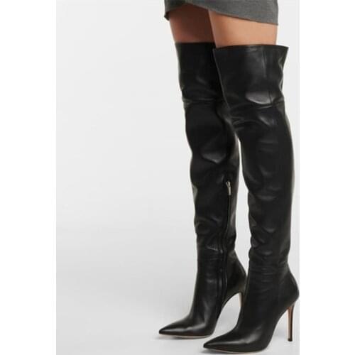 Black Pointy Toe Over Knee High Boots Concise Womens High Heel Fashion Boots Long Thigh High Zipper Customized Big Size 48
