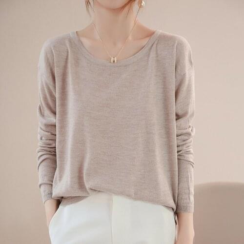 Spring/Summer 2021New Worsted Pure Wool Sweater Women Round Neck Thin Pullover Large Size Long-Sleeved Wild Cashmere Knit Shirt