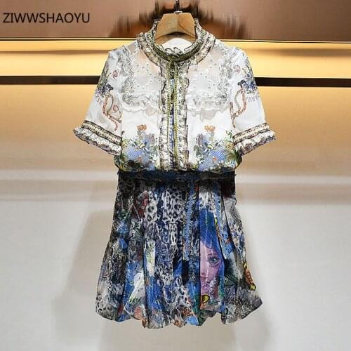 ZIWWSHAOYU Summer Fashion Women Mini Skirt Suit Stand Collar Frills Short Sleeve Shirts + Lace Bow Print Short Skirt 2-Piece Set