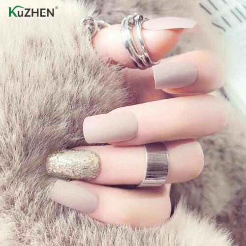 24Pcs/set Acrylic Fake Nails Matte Frosted Short False Nail Square Head Gold&Brown With 2g Glue