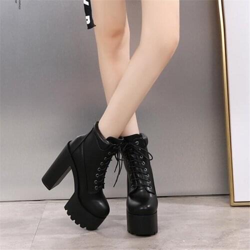Lace Up Platform-boots White Boots 14cm Ankle Heel Boots Womens Black Shoes Woman Boots Shoes Leather High Quality Ladies Bootie