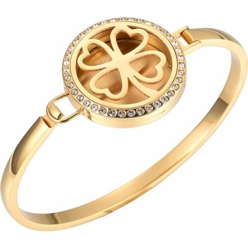 Four Leaf Lucky Clover Gold Aromatherapy Bangle/Bracelet Polished Steel Essential oil jewelry Bangles for women