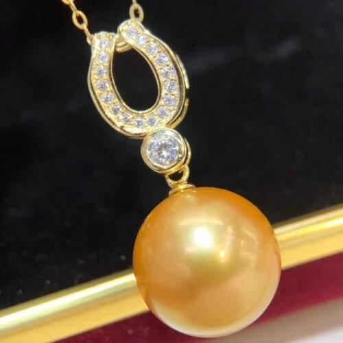 D908 Pearl Pendant Fine Jewelry 925 Sterling Silver Round 13-14mm Fresh Water Golden Pearls Pendants Necklaces for Women Present