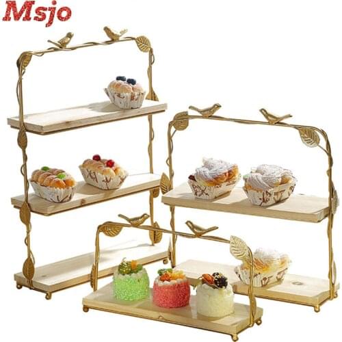Msjo Cupcake Display Stand Afternoon Tea Snack Wrought Iron Cake Rack Wooden Tray Wedding Birthday Party Decoration Cake Stand