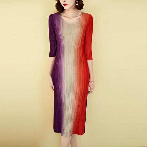 Miyak Pleated Elegant Half Sleeve Slim Midi Dress Female Summer O-Neck Gradient Plus Size Temperament Dresses Women Clothes
