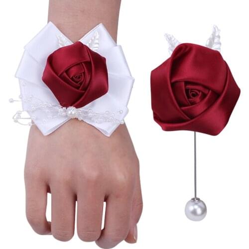 European And American New Wine Red Bride Bridesmaid Ribbon Wrist Corsage Groom Groomsmen Lapel Pin Party Wedding Supplies T0069