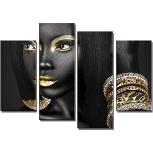 4 Pieces Abstract Diamond Painting Golden Egyptian Queen Beauty Black Woman Portrait Full Embroidery Multi-PictureZP-4219