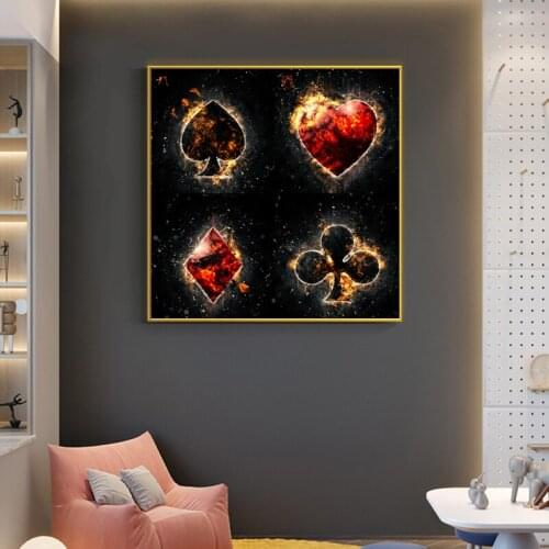 Black Canvas Painting Wall Art Posters and Prints Spade Heart Diamond Club Card Wall Pictures for Club Bar Home Decor Cuadros