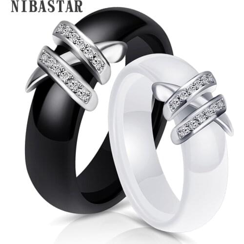 Best 6mm High Quality Black And White Simple Style Two Line Crystal Ziron Ceramic Rings For Women Fashion Jewelry Gift