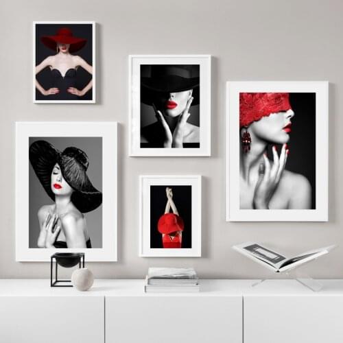 Red Hat Sexy Model Girl Wall Art Canvas Painting Black White Nordic Posters And Prints Wall Pictures For Living Room Wall Deco
