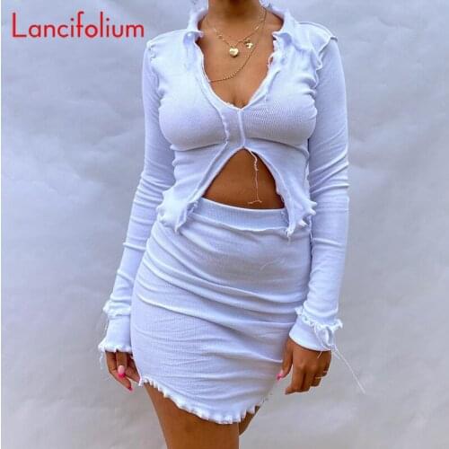 Sexy Crop Top Skirt 2 Piece Set Women Knit Ribbed Deep V Neck Long Sleeve Cropped Tee Shirt Bodycon Mini Skirt Two Piece Outfits