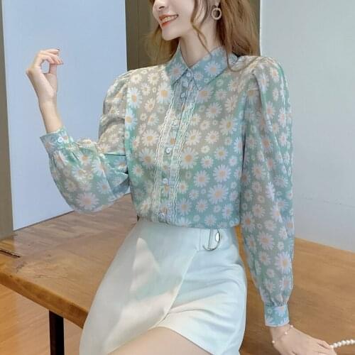 Little daisy print lapel chiffon shirt blouse women all-match puff sleeve lace French shirt trend