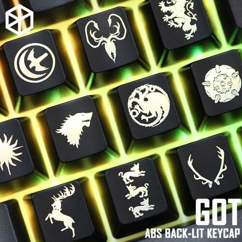 Novelty Shine Through Keycaps ABS Etched, black red custom mechanical keyboards light got houses mottos