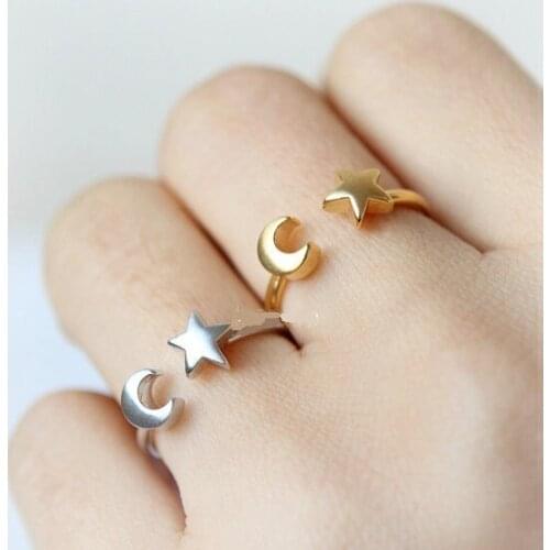 Oly2u Korean Delicate Open Star Moon Rings for Women Minimalist Jewelry Boho Adjustable Finger Ring Girls New Year Jewelry Gift