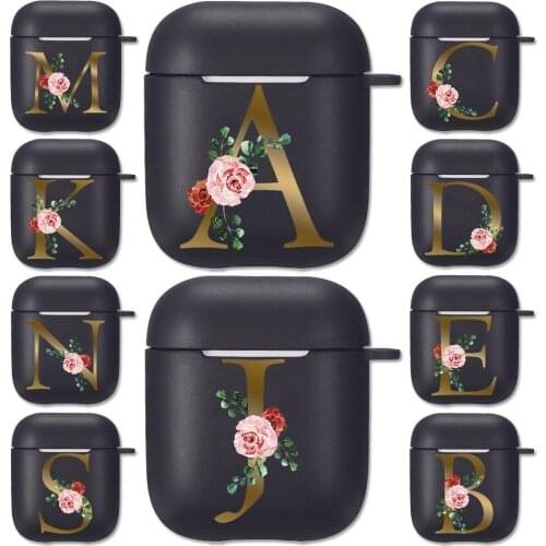 Floral Gold Initial Alphabet Black Silicone Case for Apple Airpods 1 2 Cases 26 A-Z Capital Letter Soft Airpods Earphone Cover