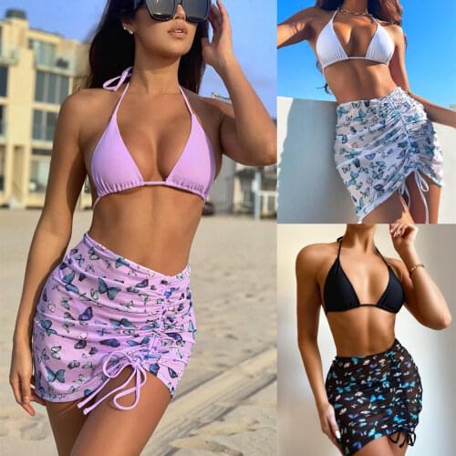 Sexy Halter Butterfly Printed Bikini Women Swimwear Female Swimsuit Three-pieces Bikini Set with Skirt Bather Bathing Suit Swim