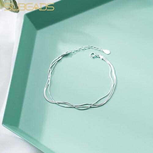 Subeads 925 Sterling Silver Double Layer Snake Bone Chain Bracelets For Women Multi-layer Adjustable Bracelet Fine Ol Jewelry
