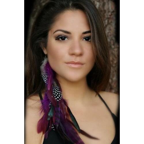 Gorgeous Purple black and white polka dot Feather Earrings, polka dot long earrings, purple earrings